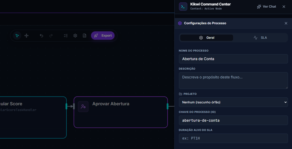 Painel Configurações do Processo no Craft, com a Chave do Processo (ID) definida como abertura-de-conta.