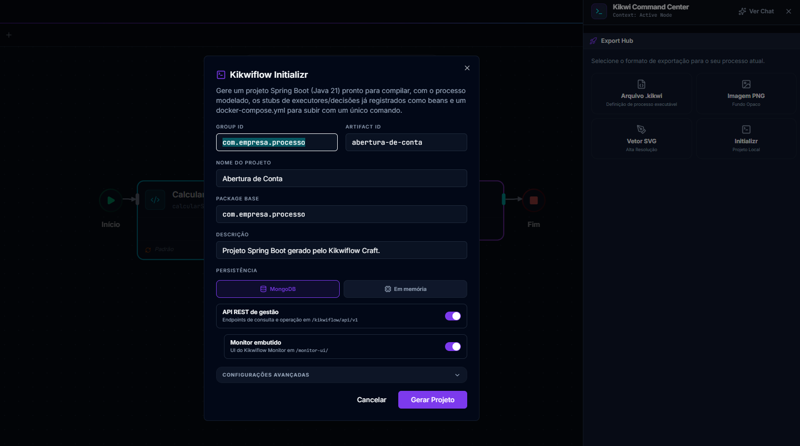 Modal do Initializr no Hub de Exportação do Craft, com groupId, artifactId, packageName, versão do Java e versão do Kikwi preenchidos.